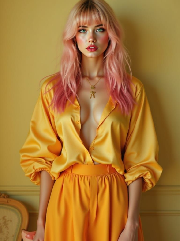 Blonde Pin-Up Woman with Pink Hair in Warm Amber Tones