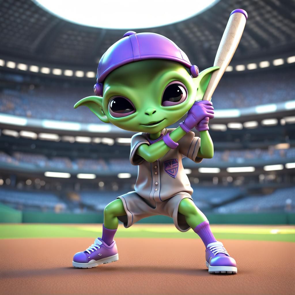 Cute Alien Plays Baseball in Futuristic Stadium