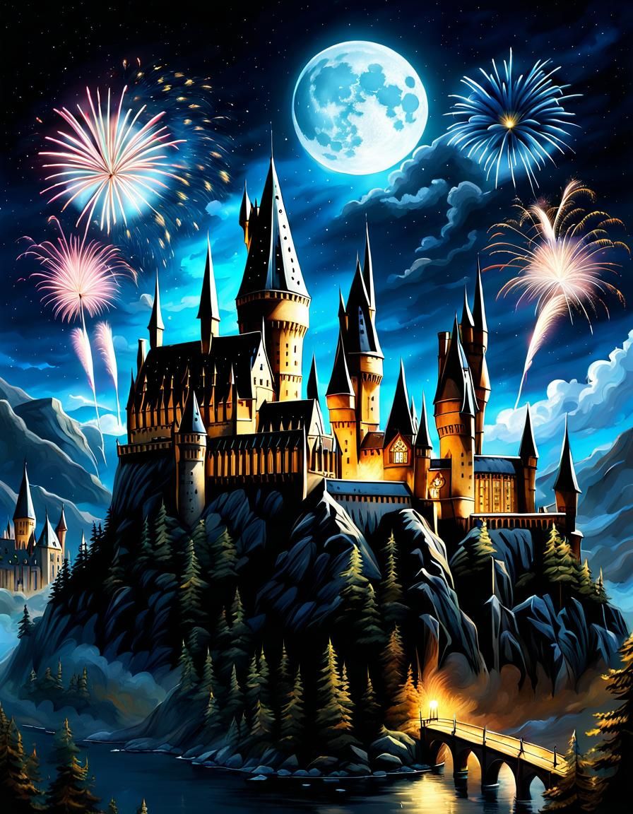 Hogwarts at Night with Fireworks, Realistic Painting