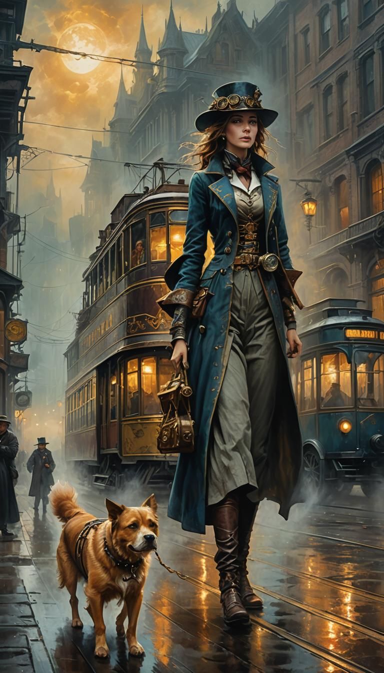 Steampunk Woman and Dog in Misty Cityscape