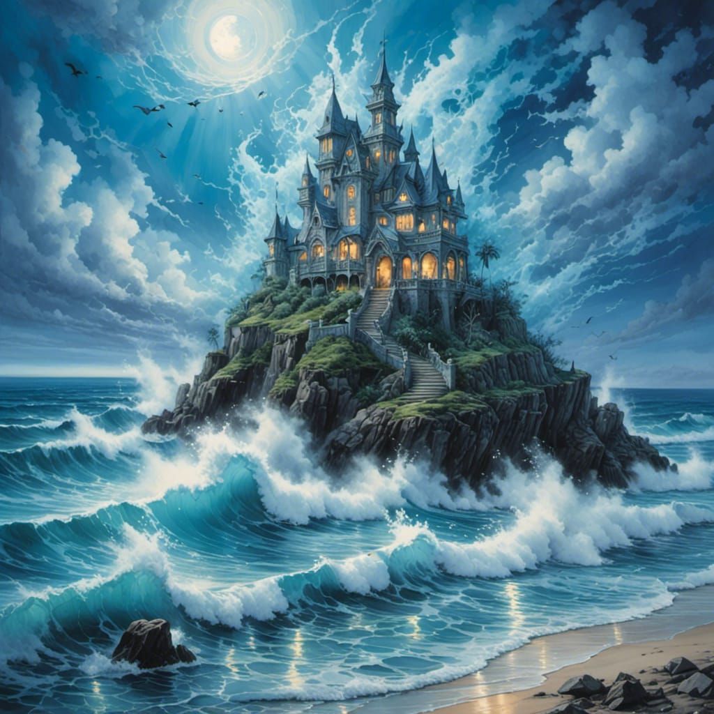 Haunted Beach with Blue Castle and Ethereal Ghosts