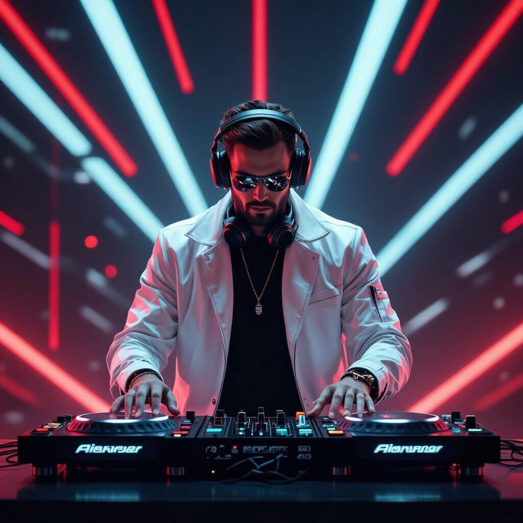 DJ Mixing Tracks with Red, Black, White Backdrop
