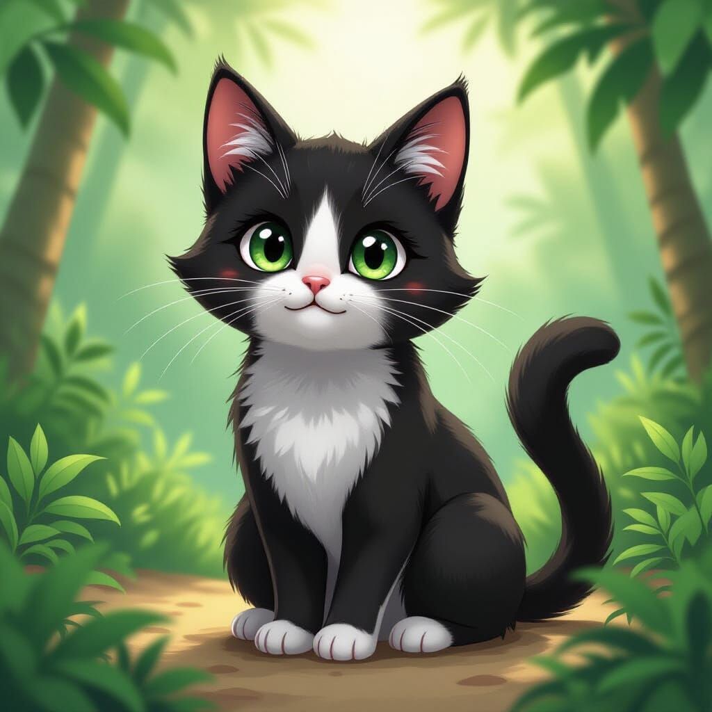 Whimsical Black Cat in Lush Fantasy Landscape