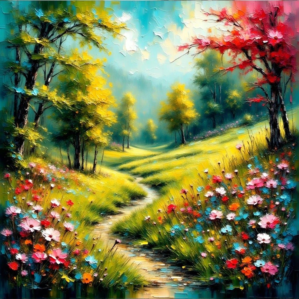 Impasto, grunge, wonderful spring landscape with bright gree...