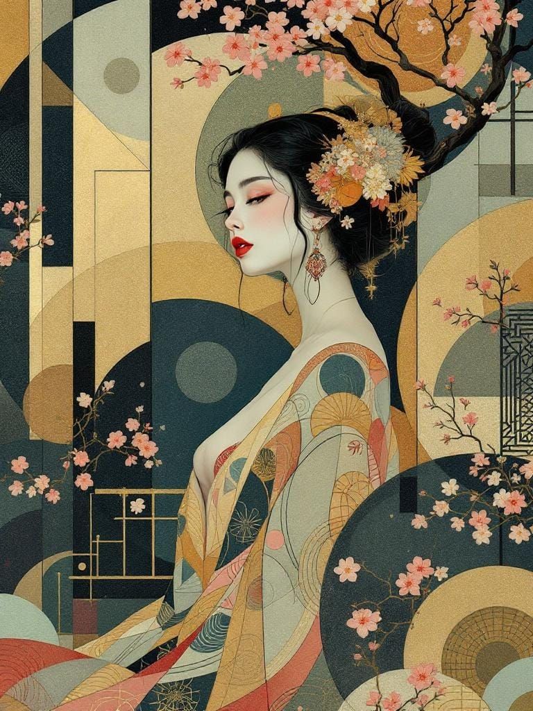 Vintage Pin-Up in Abstract Garden, Ornamental Style