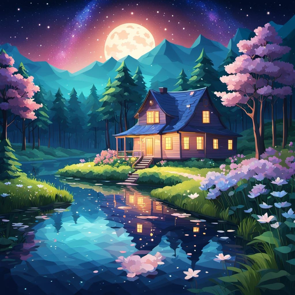 Fantasy House Under Starry Sky: Low-Poly Art