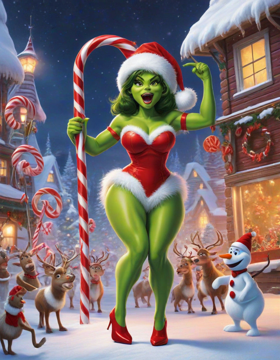 (Beautiful voluptuous She-Hulk celebrating Christmas by pole-dancing around the North Pole giant candy cane with beautif...