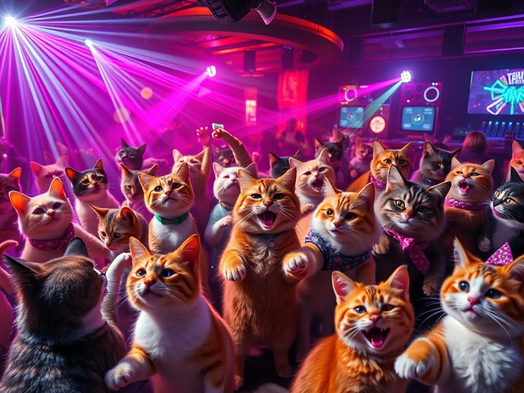 Anthropomorphic Cats Party in a Neon Nightclub