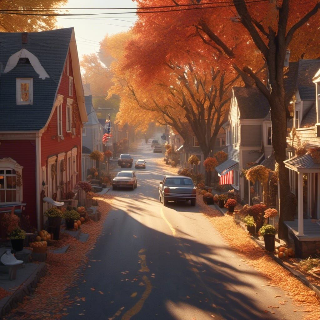 New England Village Street in Autumn Sunlight