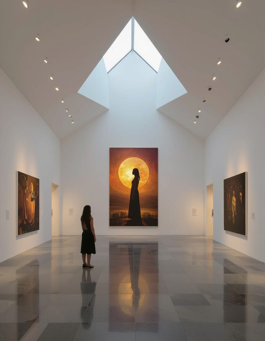 Mystical Art Gallery Interior with Skylight and Woman Observ...