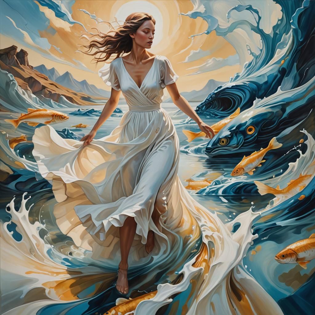 Surrealistic Woman Fleeing Melting Fish in Dreamlike Landsca...