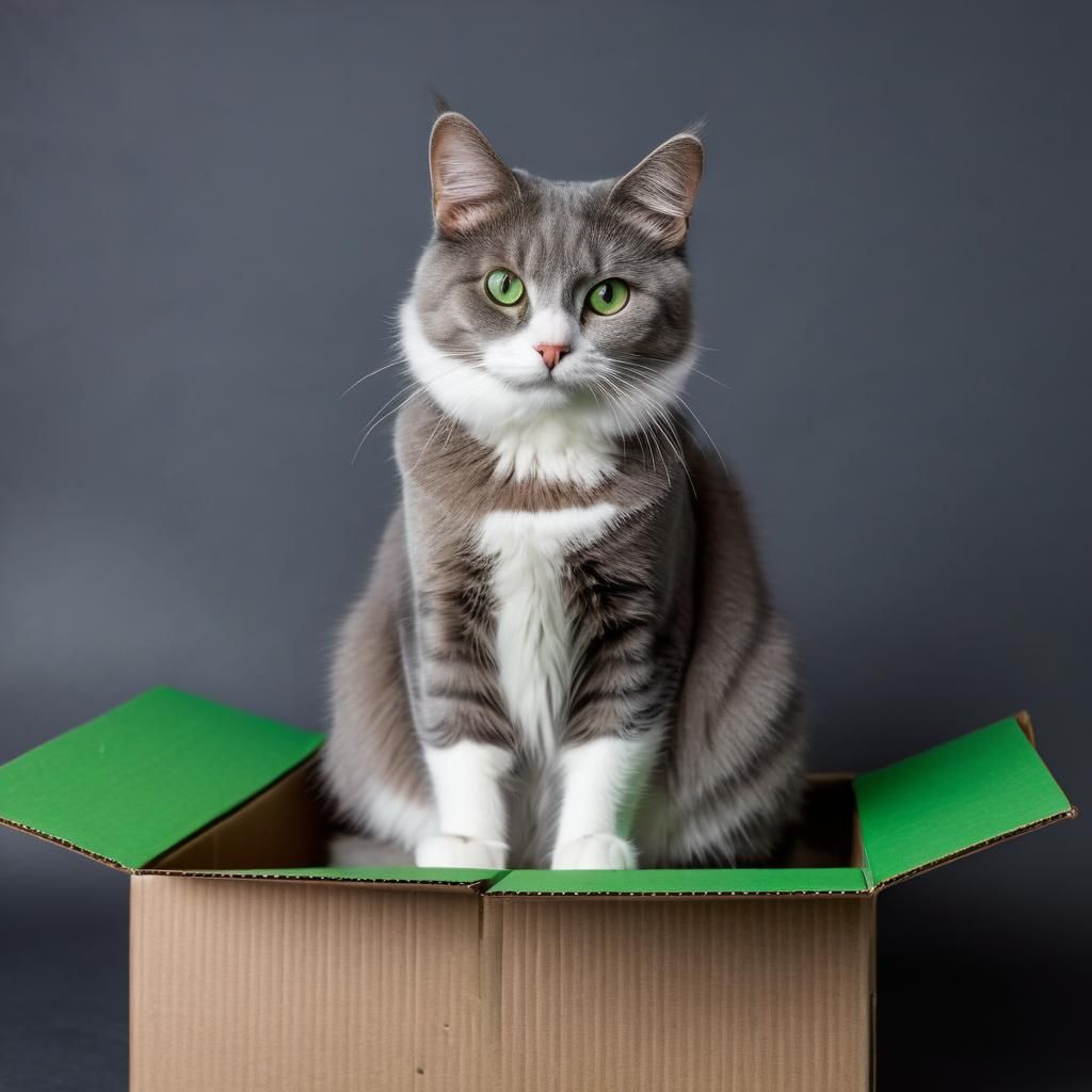 Attentive Gray Cat on Cardboard Box