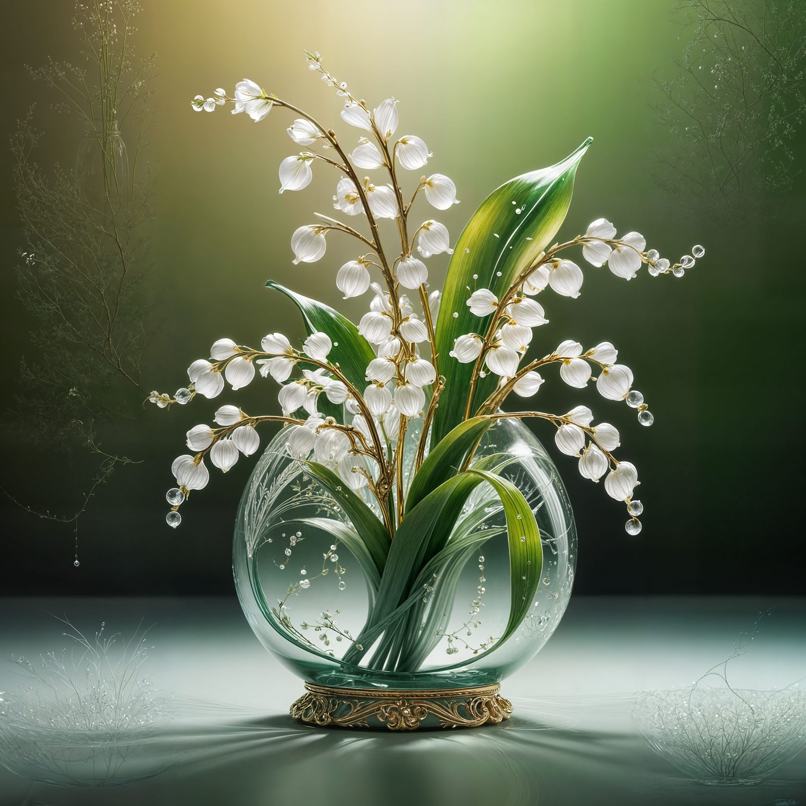 Elegant White Pearl Glass Lily-of-the-Valley in a Fabergé-In...