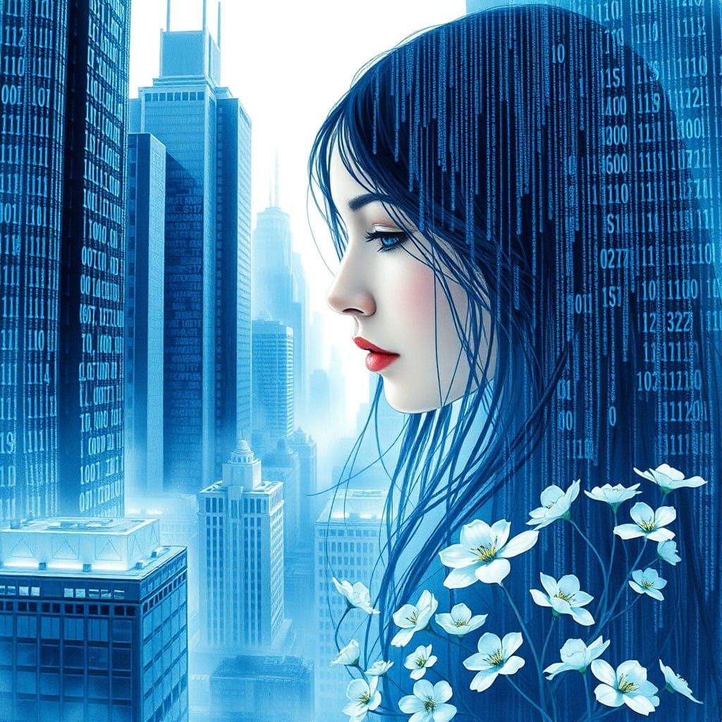 Ethereal Woman in Digital City of Blue Code