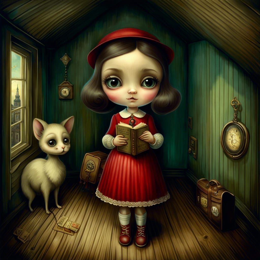 Eerie Girl in Attic, Storybook Watercolor Style