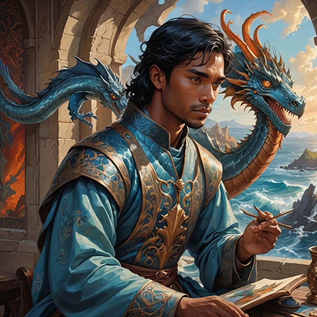 Young Man Painting Sea Dragon: Fantasy Art