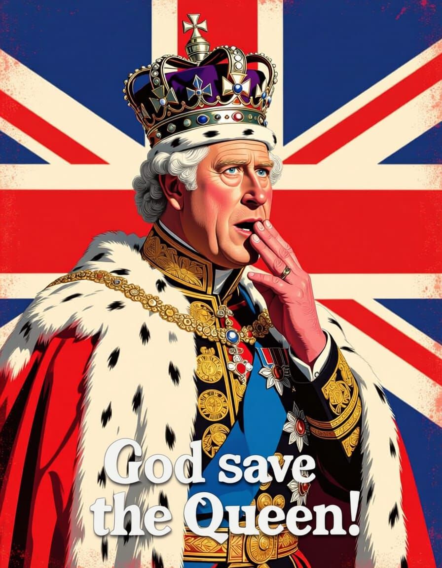 King Charles III Portrait in Shock, UK Flag Background