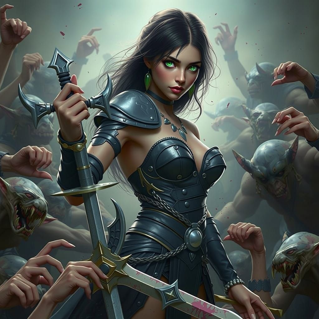 Elegant Princess Battles Dark Orcs in Vivid Fantasy Landscap...