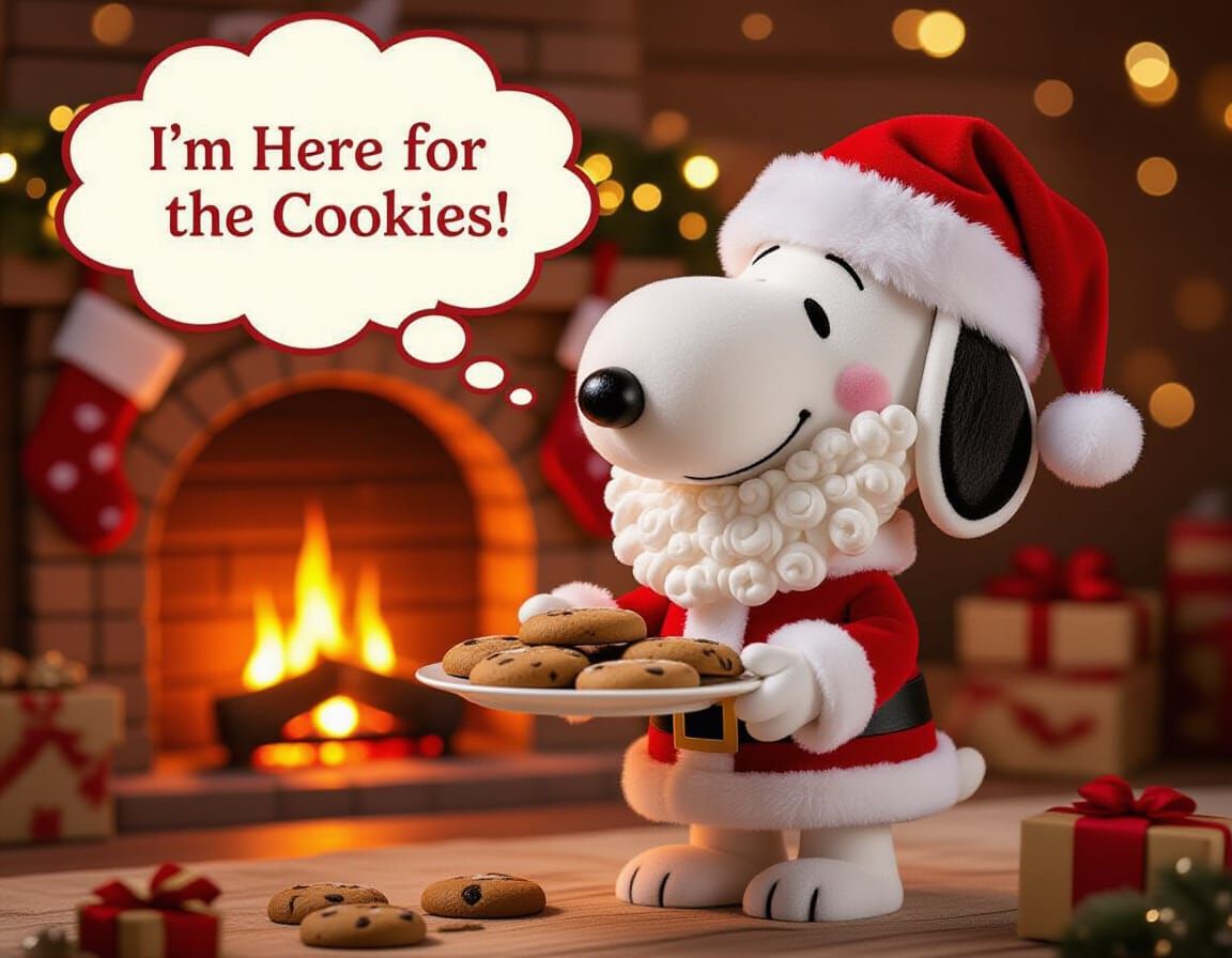 Whimsical Snoopy as Santa Holding Cookies