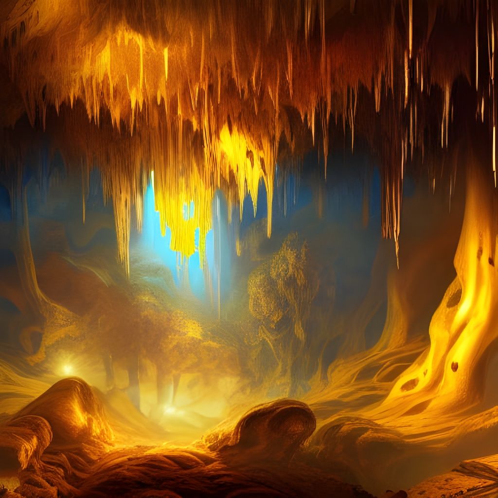 Golden Mushroom Cave Illustration in Fantasy Style