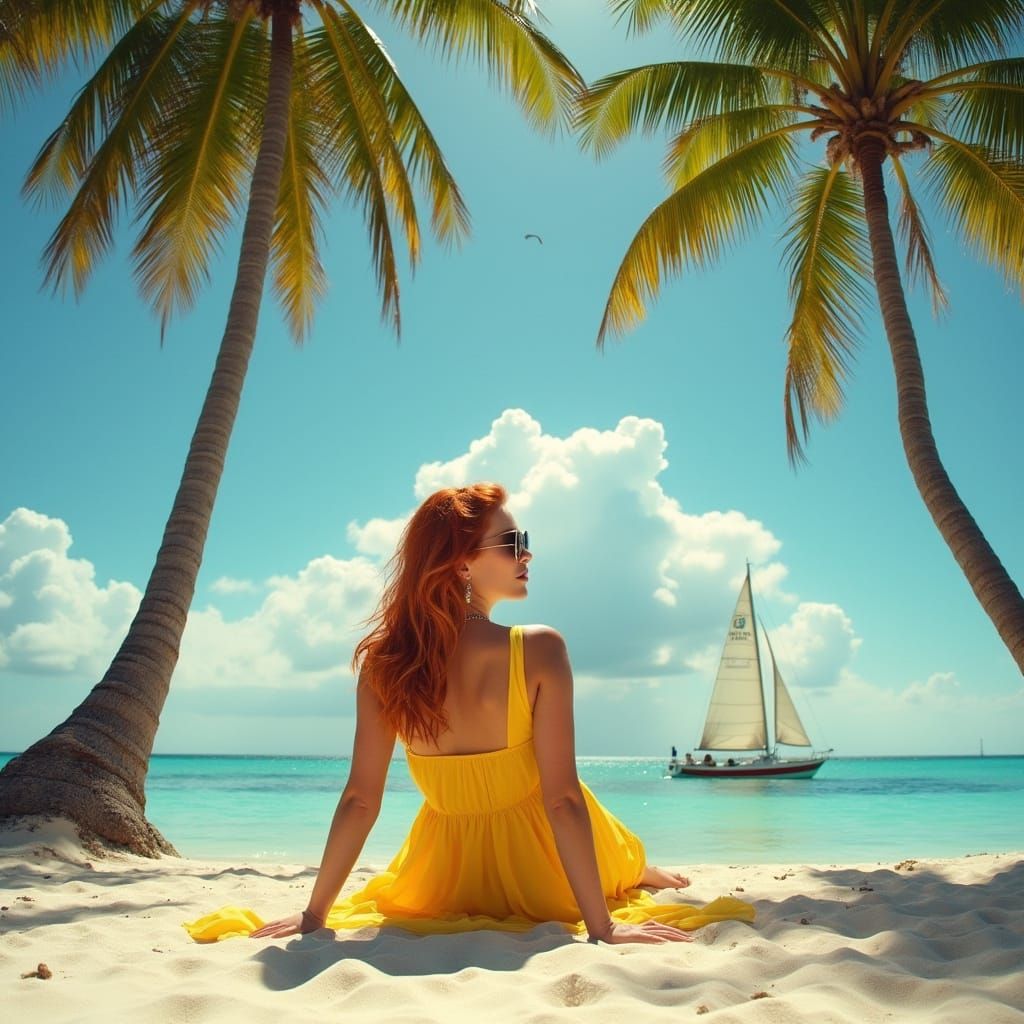Redhead Sunbather on Tropical Beach, Hyperrealistic Style