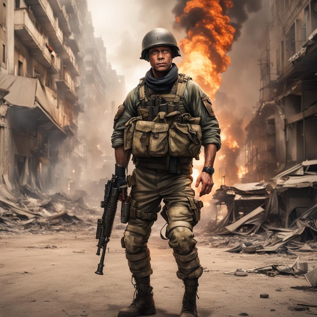 Soldier with Prosthetic Leg in Burning City