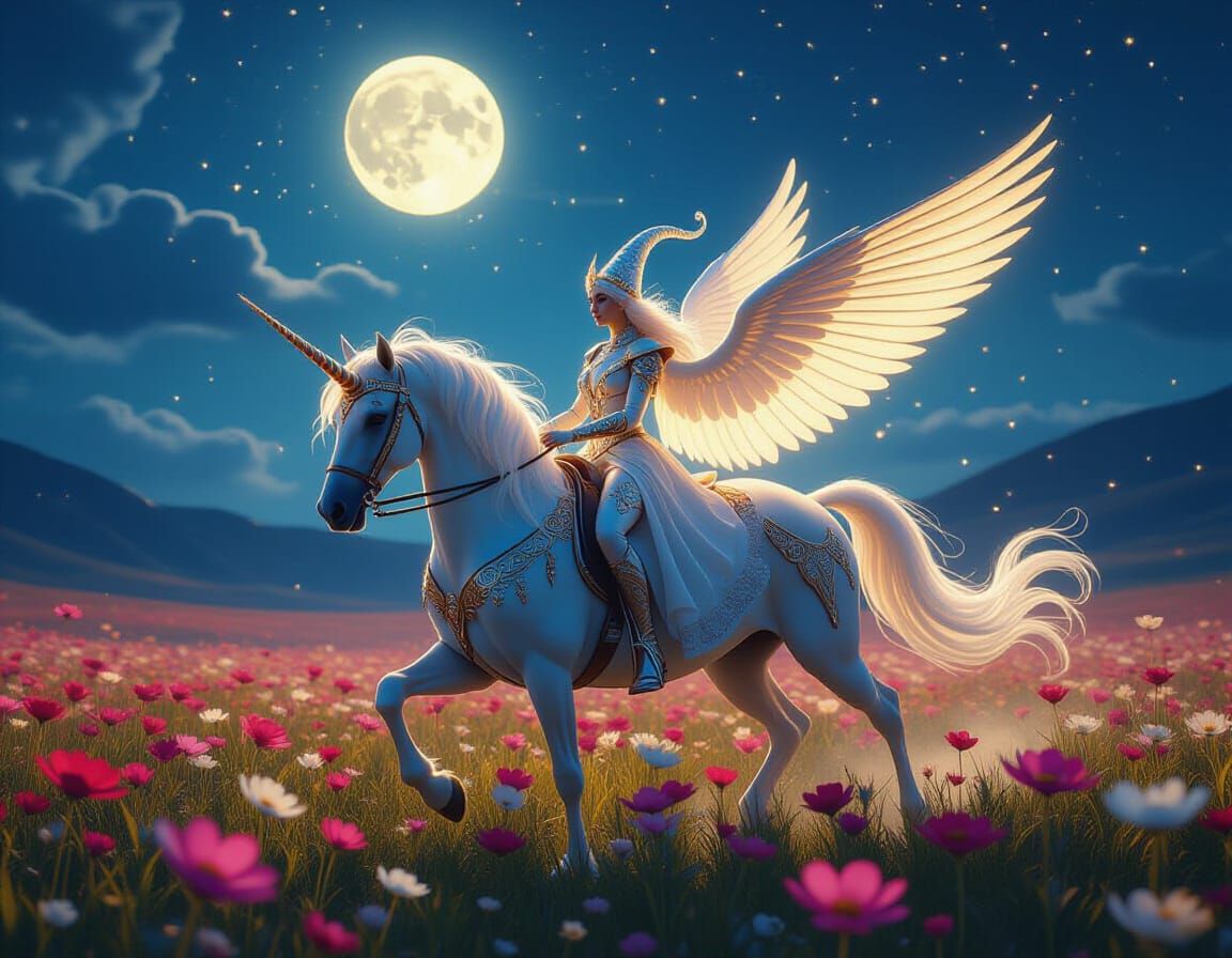 Magical Elf Rides Winged Unicorn Through Otherworldly Fields