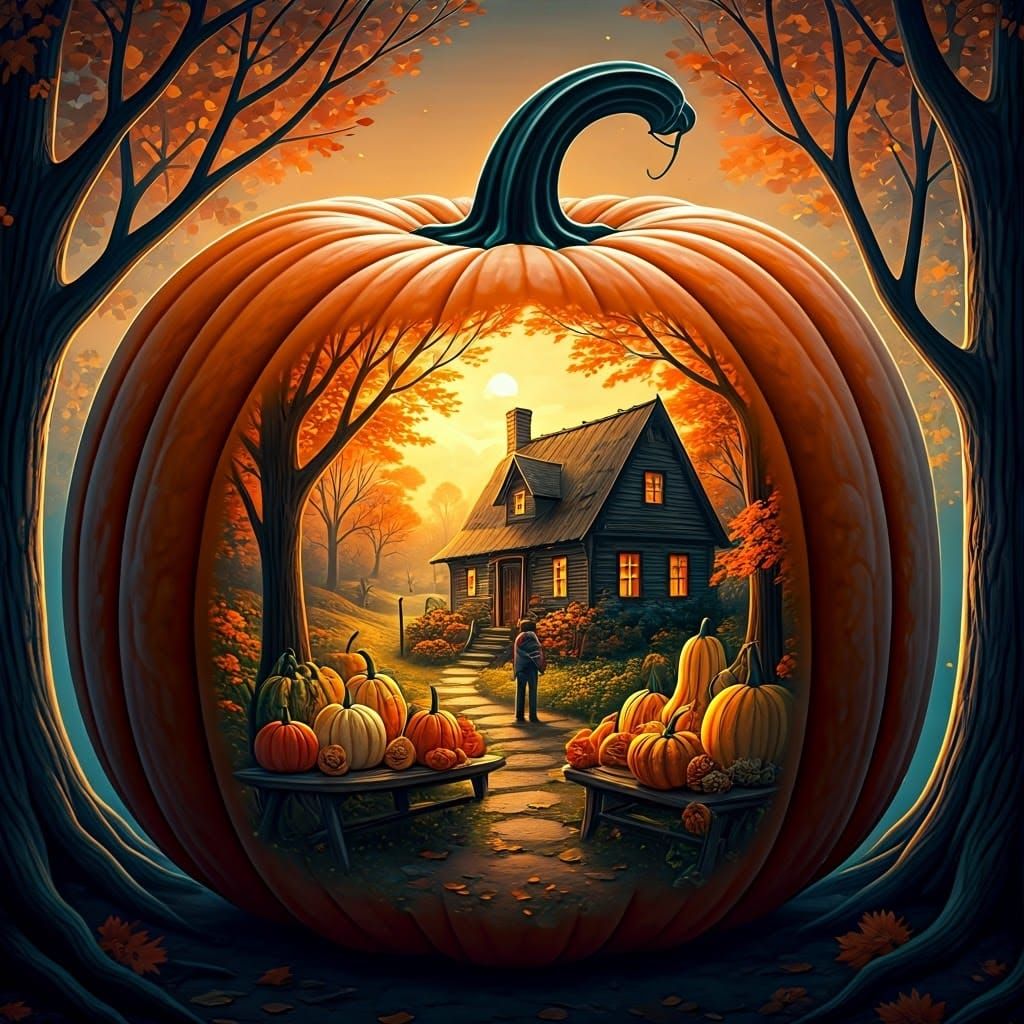 Transparent Pumpkin Reveals Autumn Cottage Scene