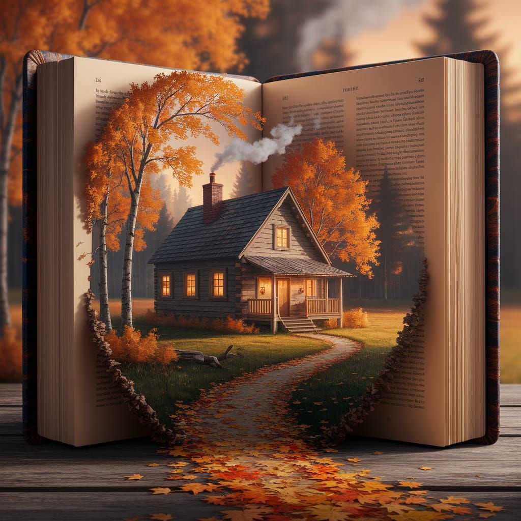 Cozy Cabin on Book Pages in Autumn Light