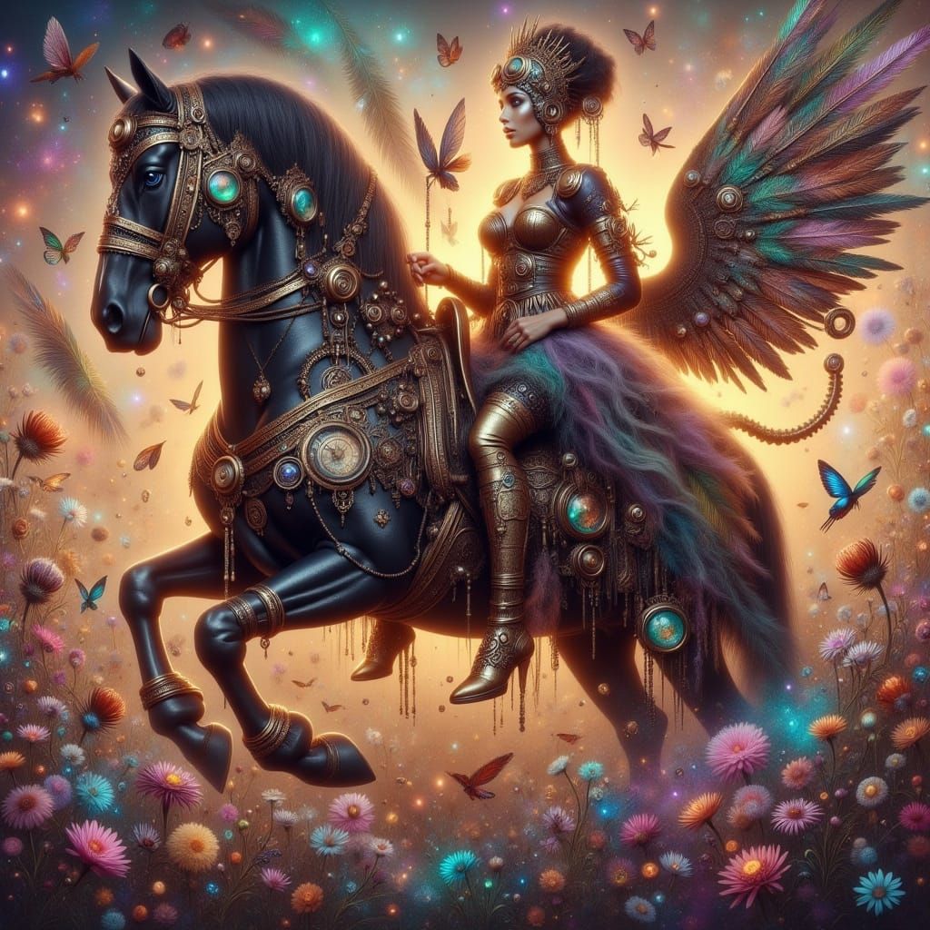 Steampunk Woman on Mechanical Horse in Mystic Aura