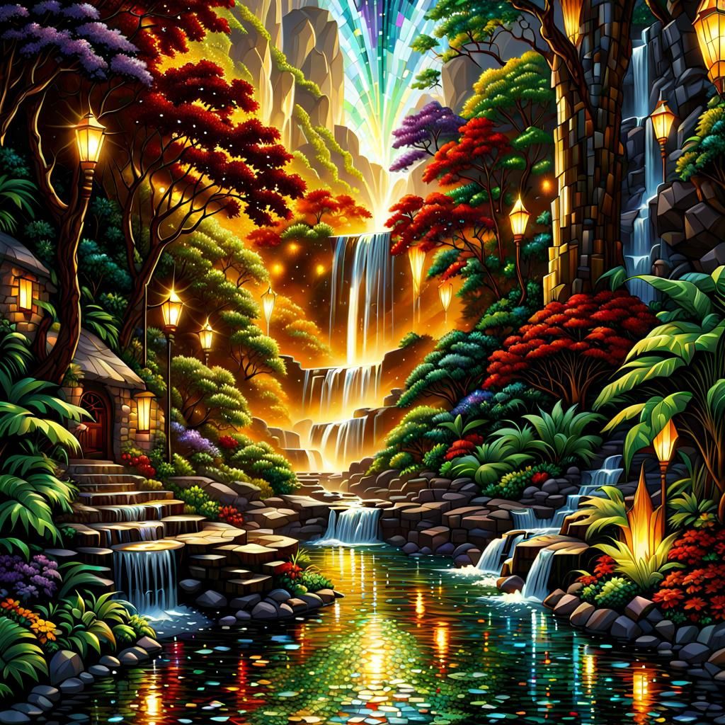 Gemstone Mosaic Waterfall Wall Art in Comic Book Style