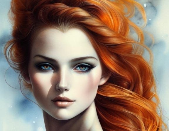Redhead Woman with Rapunzel Hair, Watercolour Style