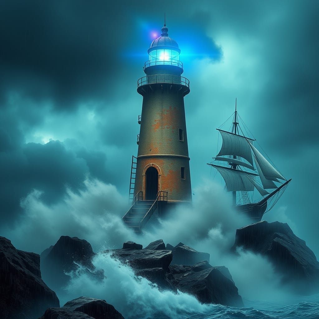 Eerie Lighthouse in Stormy Seas Digital Painting