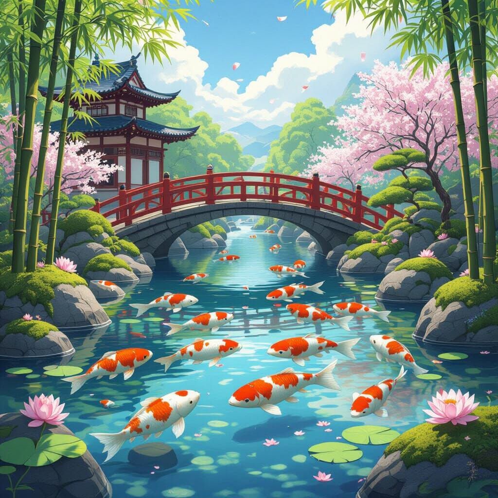 Vibrant Koi Fish in Serene Japanese Garden Pond