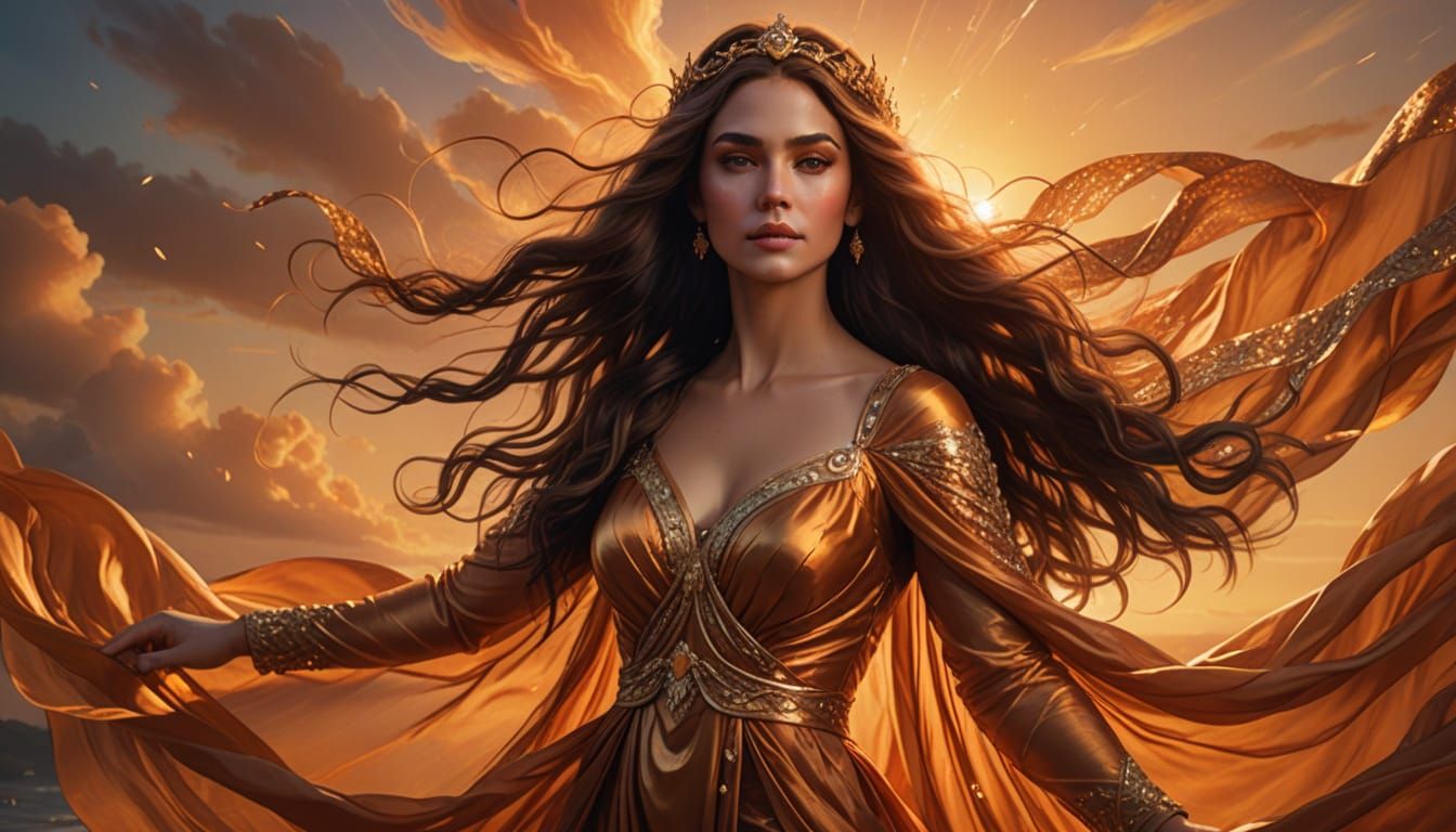 Goddess in Amber Gown with Sunset Sky, Hyperrealistic