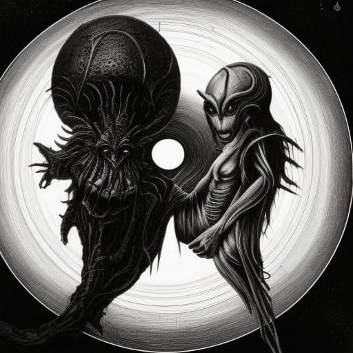 Alien Versus Demon in Yin Yang Horror Concept