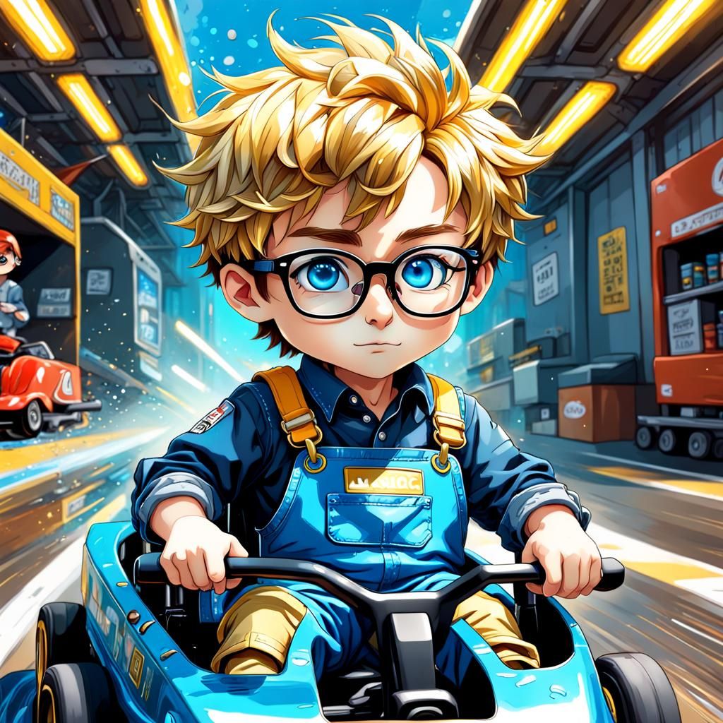 boy wearing bib overalls big sparkling blue eyes, glasses, boy riding on a go Cart