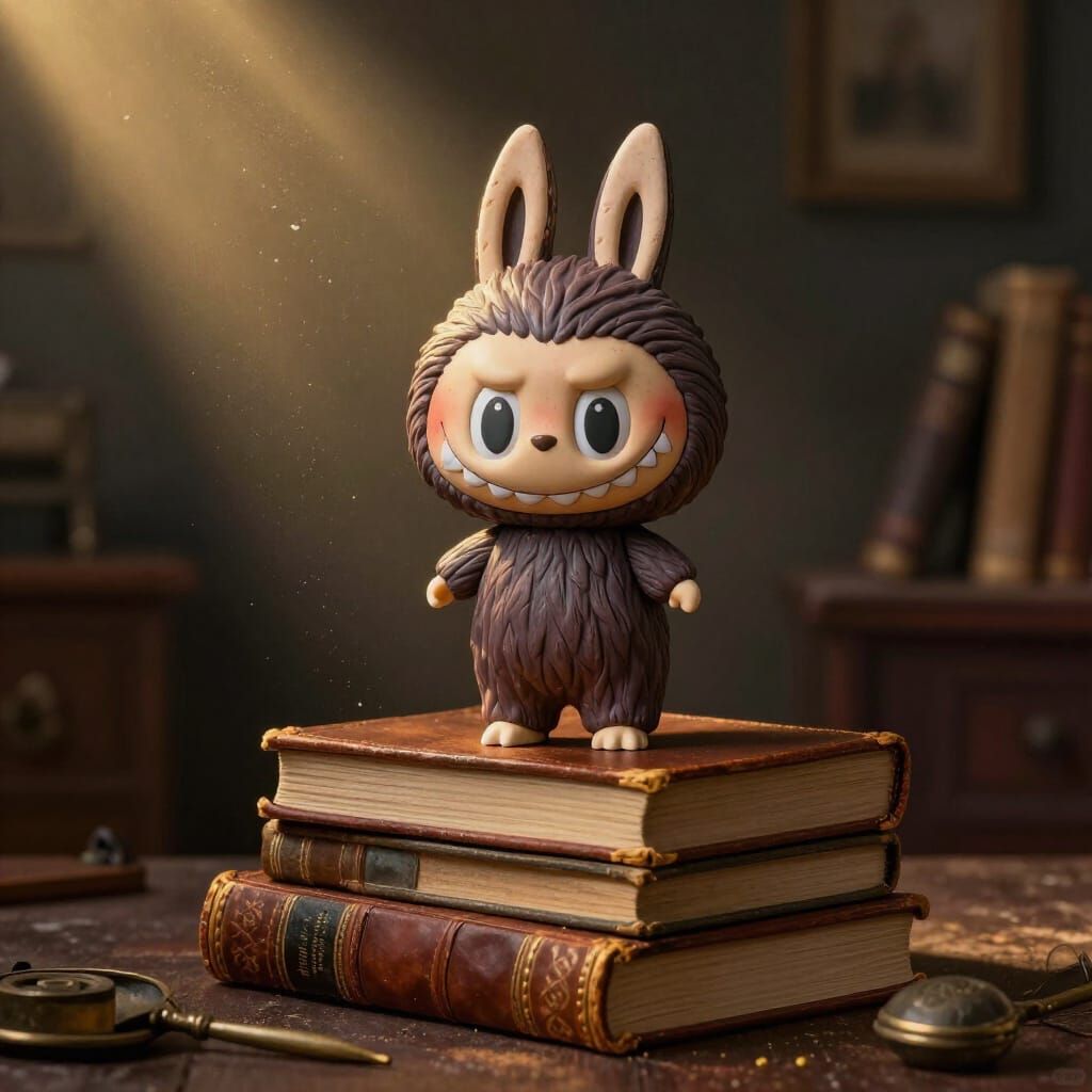 Whimsical Clay Labubu on Antique Books
