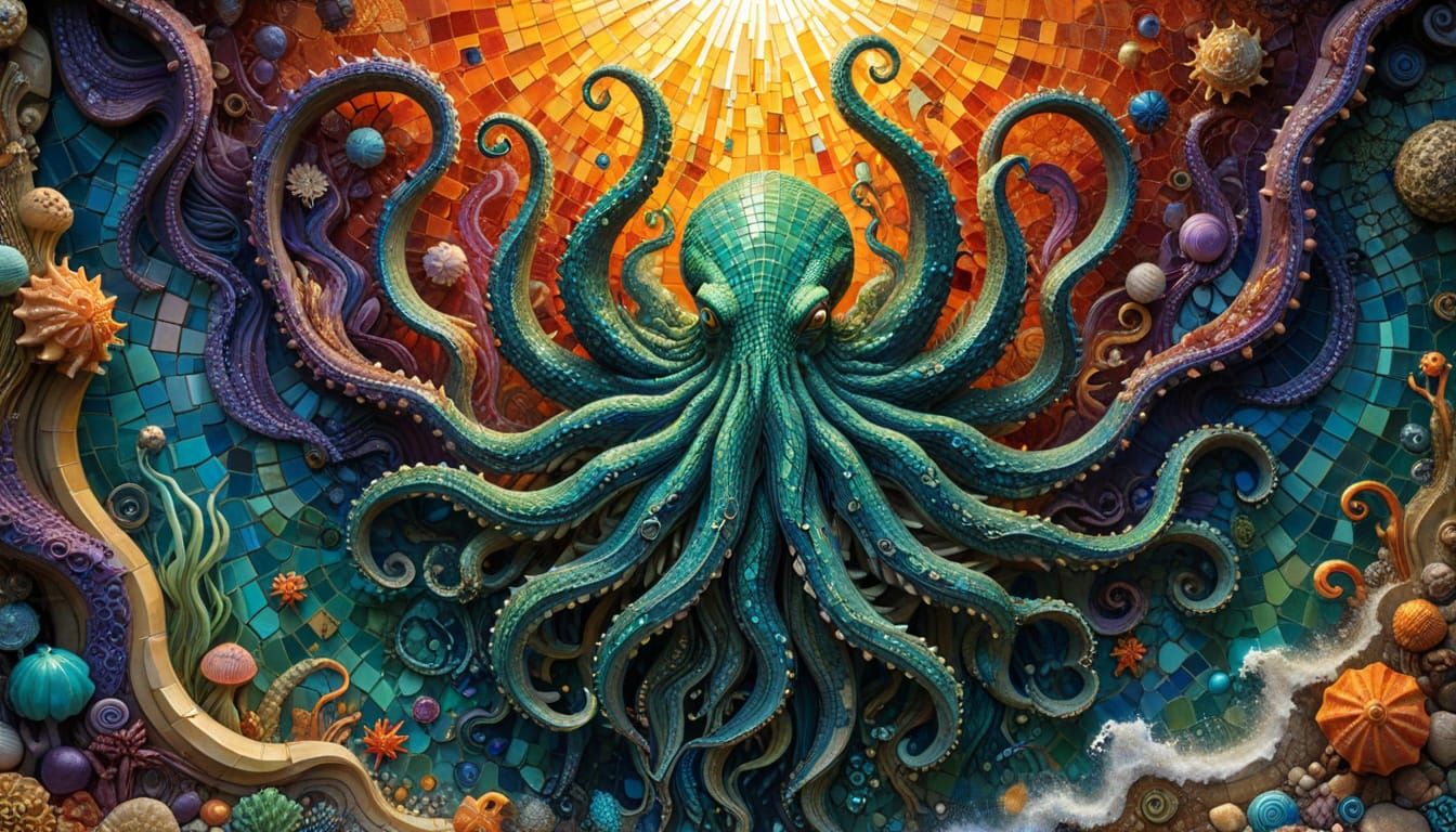 Mythical Cthulhu in a Vibrant Mosaic Landscape