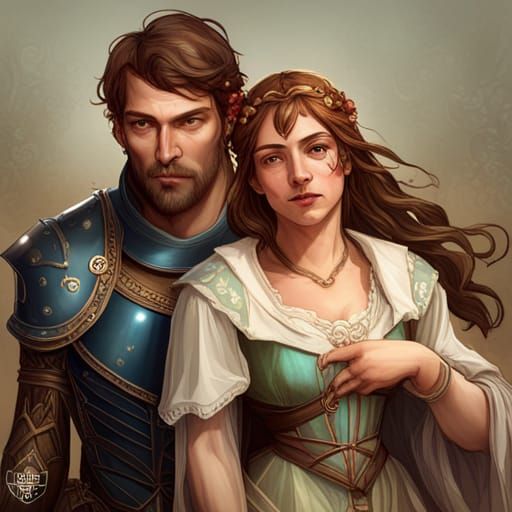 Medieval Knight and Maiden Portrait, Hyperdetailed Art