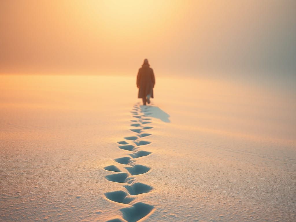 Moonlit Figure Emerges from Shadow, Footprints Fading in Sno...