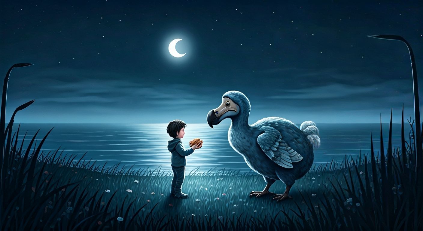 Child Offers Sandwich to Spectral Dodo in Moonlight