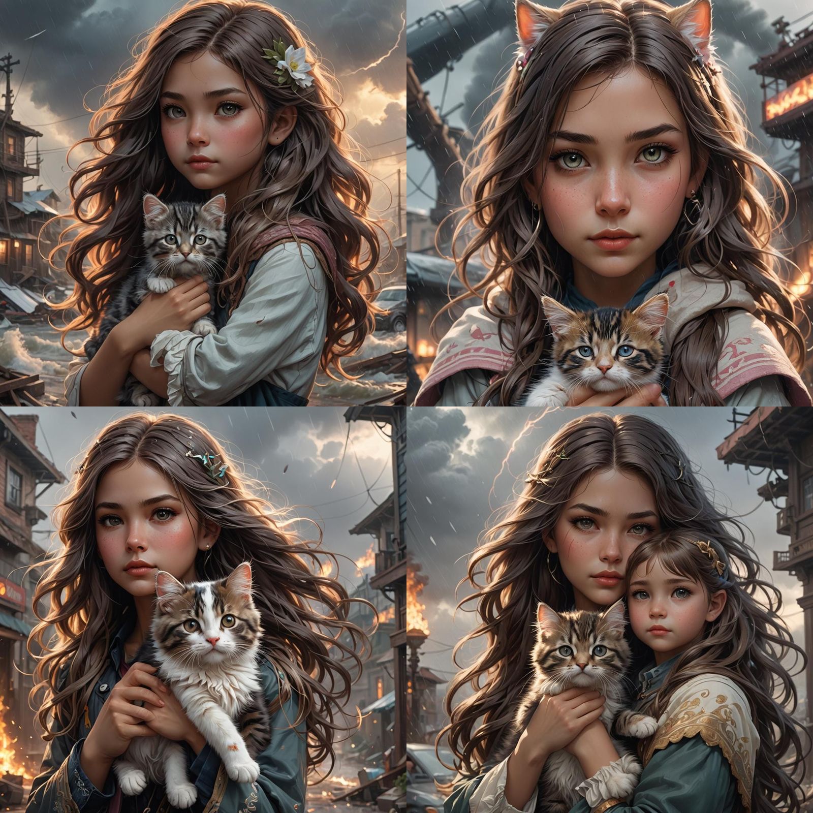 Girl with Kitten in Front of Hurricane