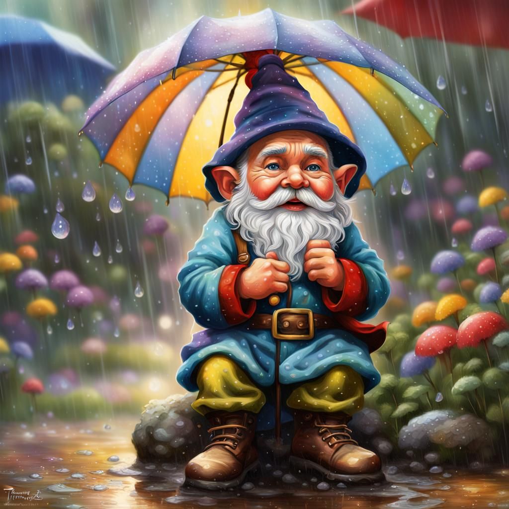 An adorable little gnome sitting in the pouring rain under a...