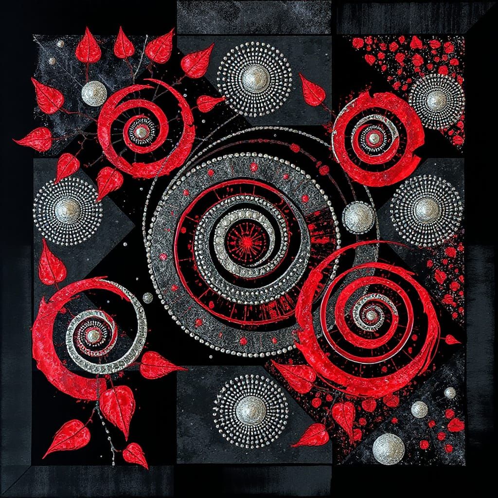 Surreal Silver and Crimson Artwork on Black Velvet