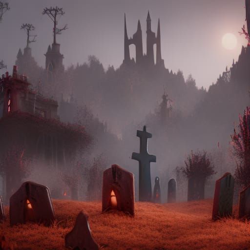 Creepy Halloween Graveyard Matte Painting in Deep Color