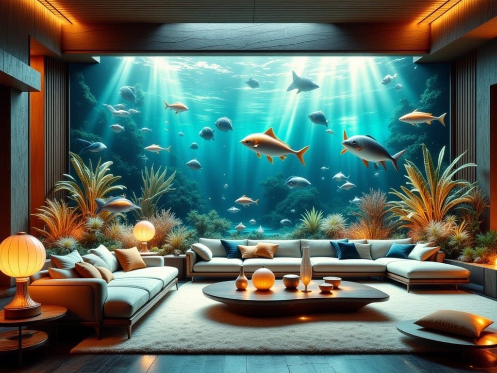 Surreal Modern Oasis with Gigantic Aquarium in a Hyperreal S...