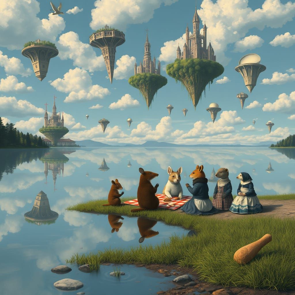 Whimsical Lake Scene with Upside-Down Cities and Floating Is...