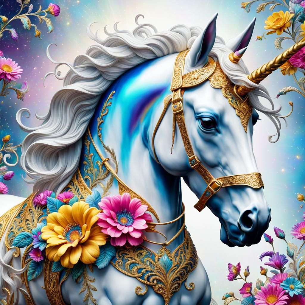 Porcelain Unicorn with Gold Filigree and Flowers