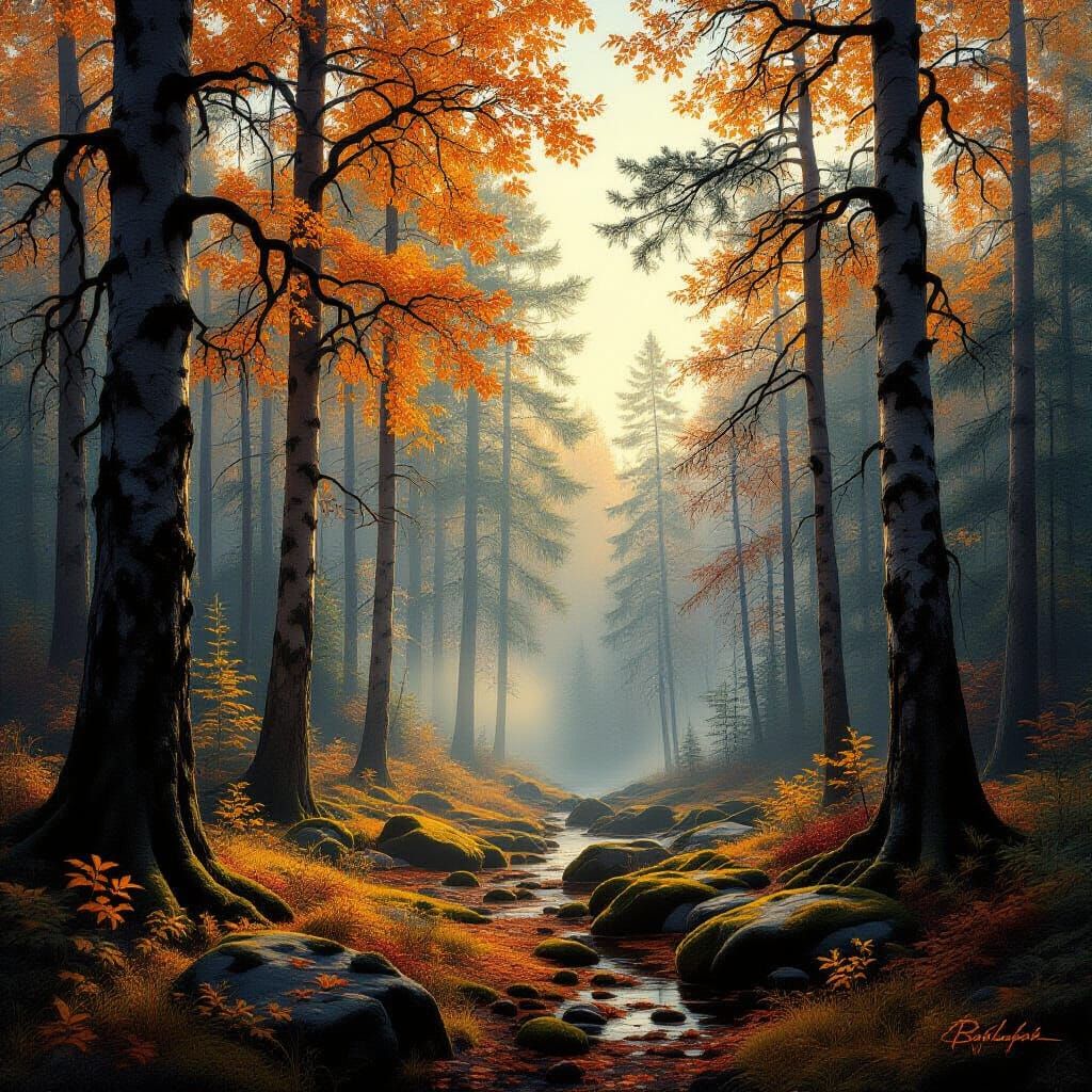 Serene Autumn Forest Landscape Digital Painting